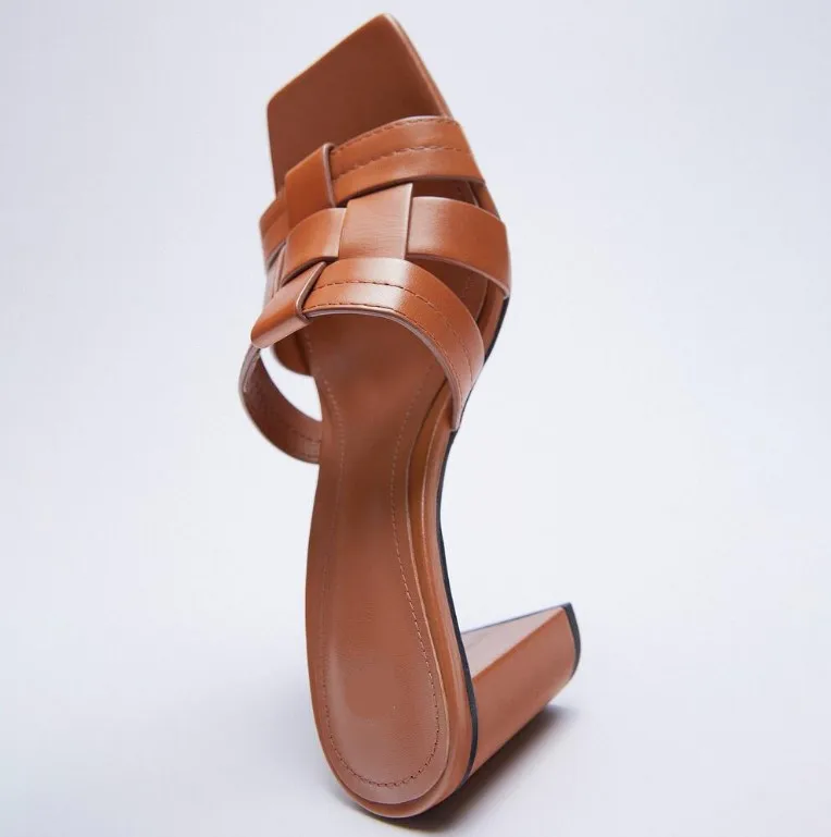 

Shoes Woman 2021 Slippers Heels Med Square heel Pantofle High Block Summer New Rubber Slides Sexy PU Rome Basic Fabric Toe Hoof