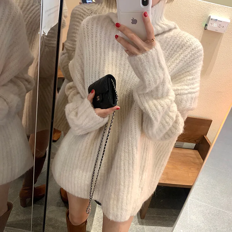 

winter soft turtleneck loose oversize sweater lazy style casual fashion home pullovers elegant terperament all-match tops 2020