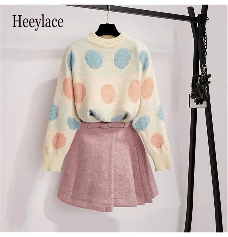 Женский разноцветный свитер в горошек с длинными рукавами + юбка из смесовой