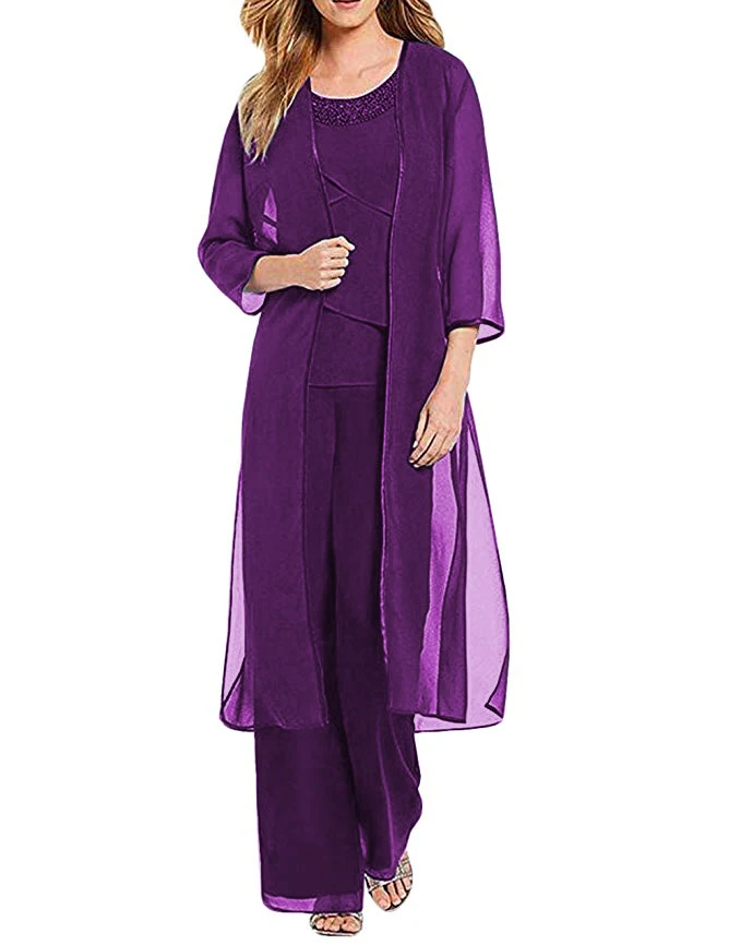 purple Женский комплект из 3 предметов, шифоновое платье для матери невесты, брюки, костюм с курткой, наряд с рукавами 3/4 для свадьбы - Цвет: purple