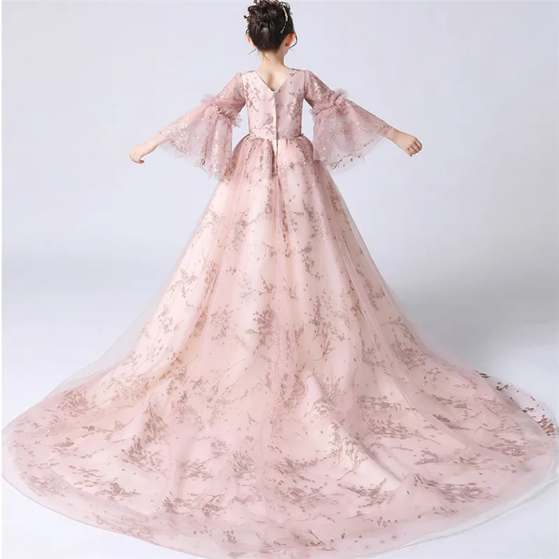 

2019 Autumn Winter Luxury Children Girls New Sequined Design Princess Long Tail Dress For Evening Party Kids Wedding Host Dress