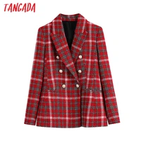 tangada women red plaid thick blazer female long sleeve elegant jacket ladies work wear blazer suits be05