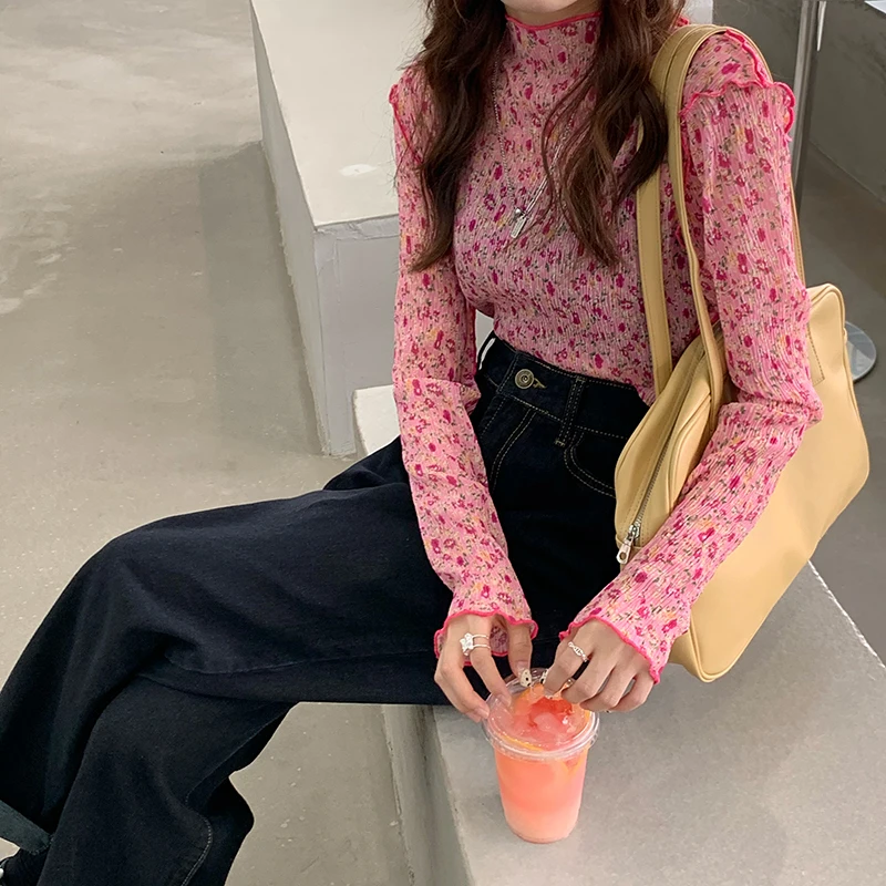 

Turtleneck Floral Tees Female Slim Long Sleeve T-shirts Spring Autumn Fashion Women's Clothing Hipster Ins Casual Ladies Tops