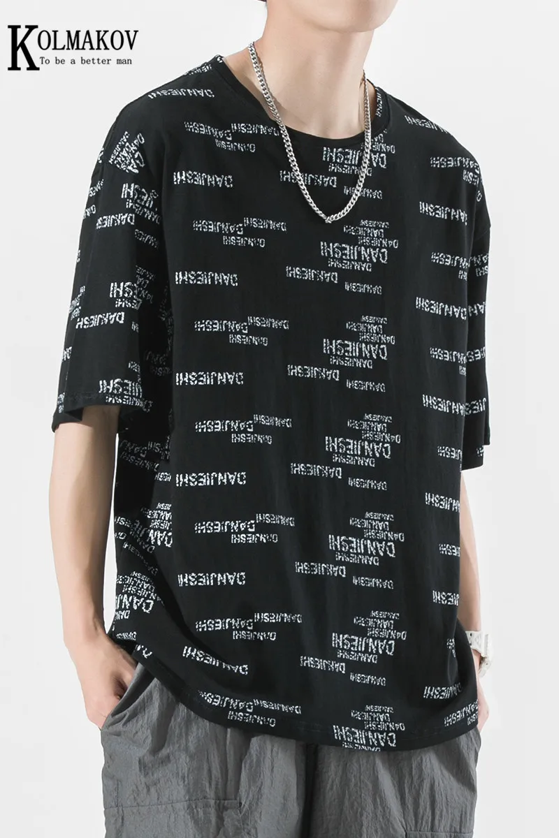 

KOLMAKOV New Summer 2021 Men's Alphabet T-Shirt With Short Sleeves Cotton Base Shirt Round Collar Leisure Loose 3 Color