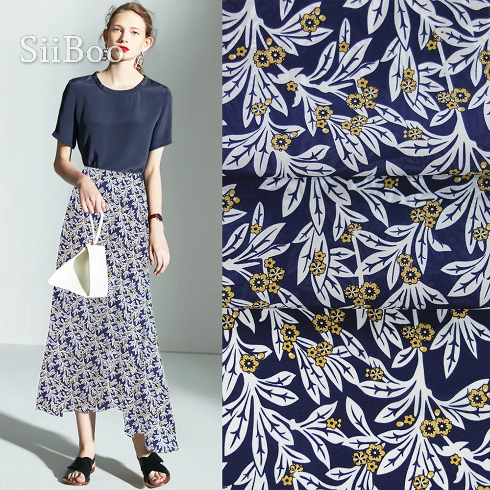 Итальянская винтажная темно-синяя шелковая ткань с цветочным принтом 12 мм