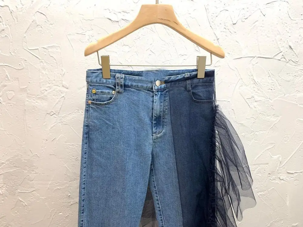 new 2021 spring women mesh patchwork jeans female vintage straight denim pants trouse ddxgz2