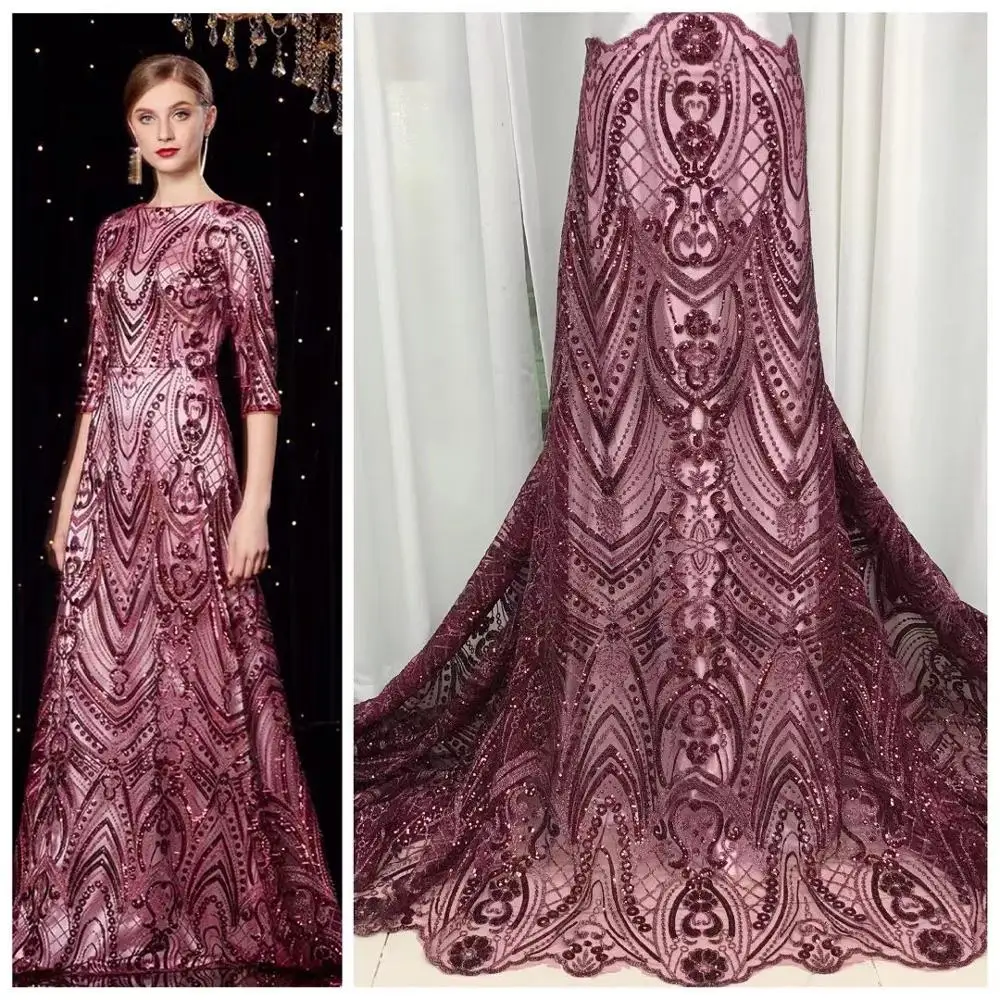 

Nigerian lace fabric 2020 high quality lace champagne wine 3d flower African lace fabric sequins embroidery French lace fabric