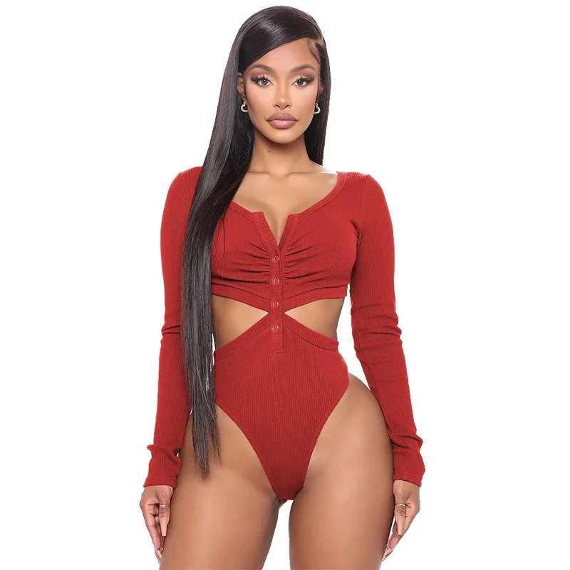 

Ribbed Knitted Sexy Bodysuit Women Hollow Out V Neck Bodycon Romper Streetwear Jumpsuit One Piece Overalls Body Femme 2021