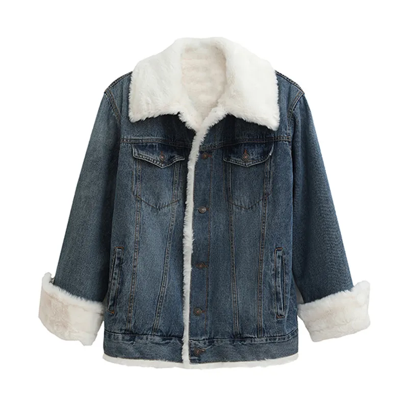 

Lamb Wool Coat Female Korean Winter Jacket Loose Plus Velvet Thick Rabbit Fur Denim Cotton Coat Student Parkas Women NS2418