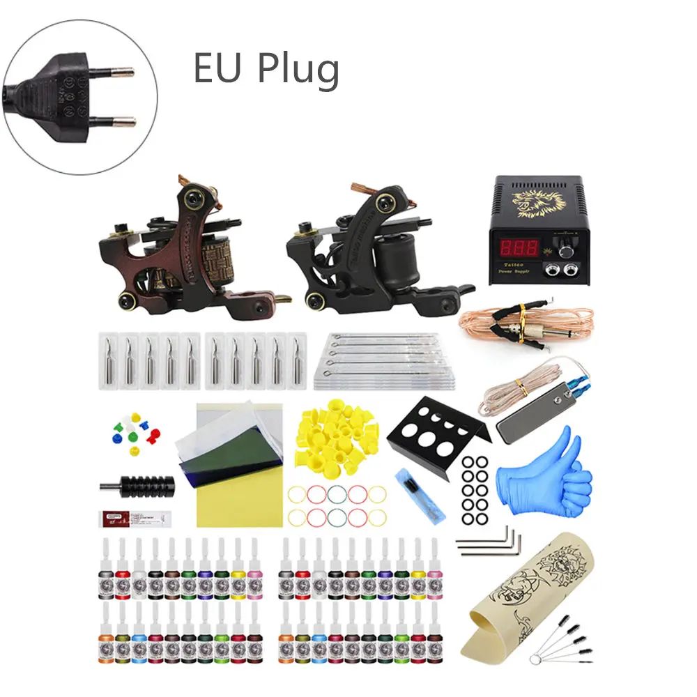 EU Plug Полный набор, профессиональная тату-машинка, набор, 2 катушки, тату-иглы для боди-арта, 40 цветов, чернила, источник питания - Цвет: EU Plug