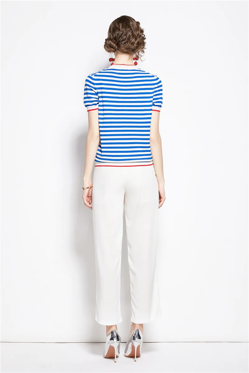 

Women Summer Designer Elegant Retro Two Piece Set New Female O Neck Short Sleeve Striped Knitting Top + White Ankle-Length Pants