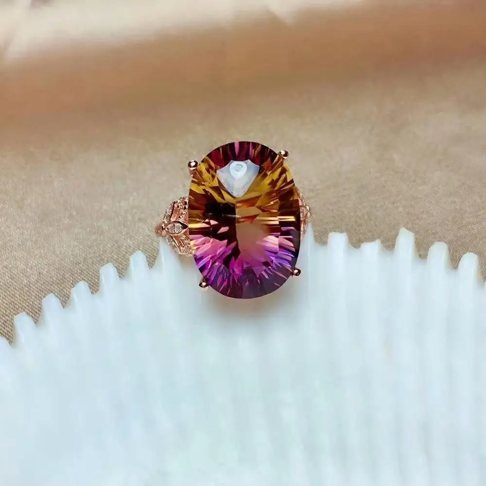 

SHILOVEM 925 STERLING SILVER PIEZOELECTRIC AMETRINE RINGS FINE JEWELRY WOMEN TRENDY PARTY CLASSIC NEW 13*18MM MJ1318655AGZJ