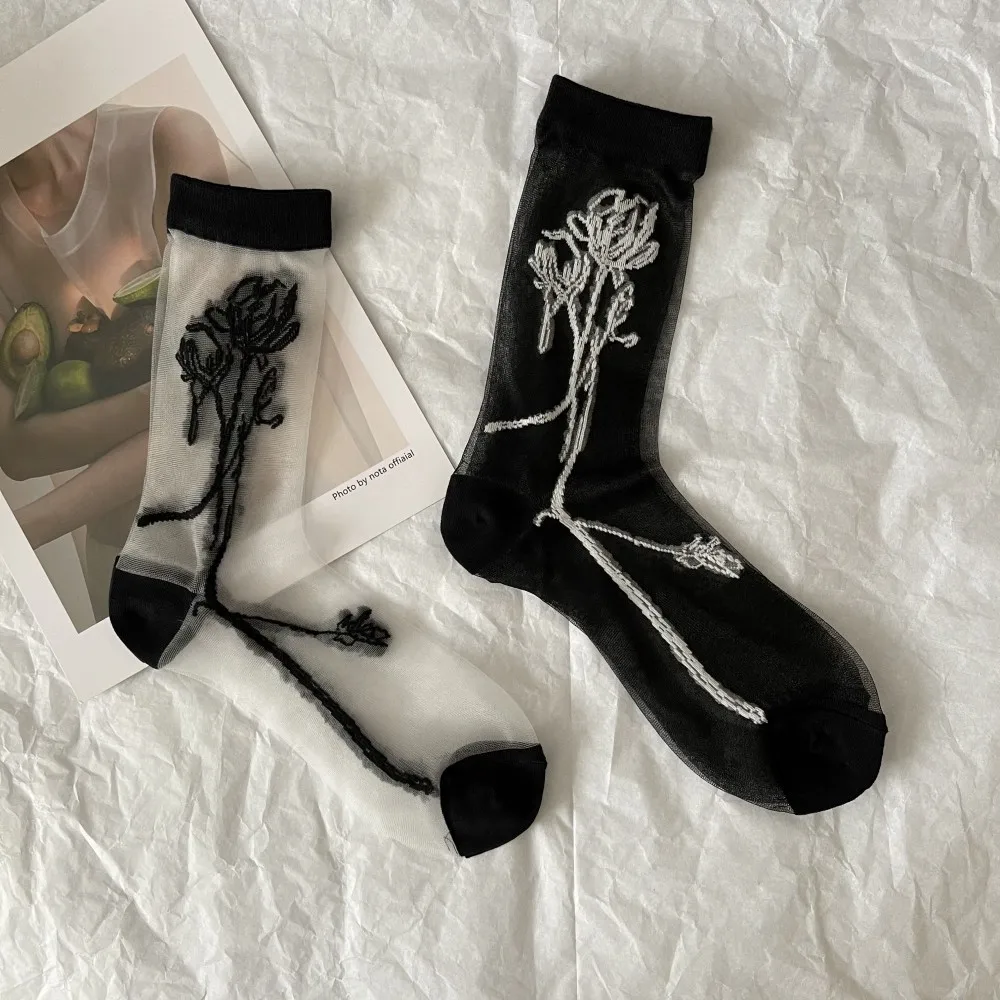 

Retro Art Flower Transparent Socks Women Summer Crystal Silk Ultra Thin Socks Harajuku Girls Elastic Short Socks Female Sox
