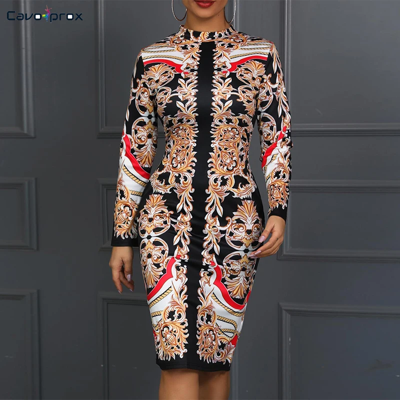 Женское облегающее платье с длинными рукавами и принтом в стиле ретро