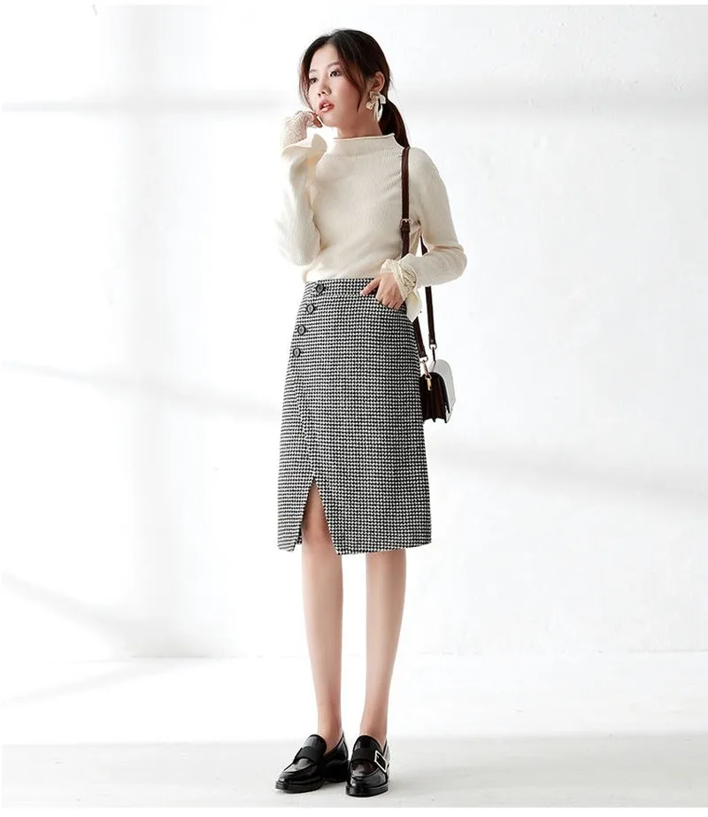 

2021 Autumn Winter New Female Elegant Midi Skirt Fashionable Office Ladies High Waist Split Plaid Woolen Skirts for Women Y607