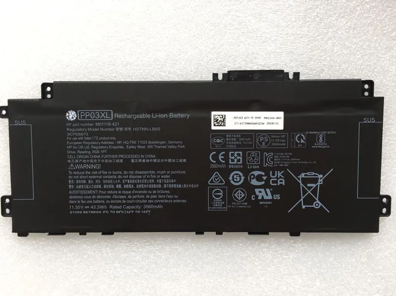 

43.3WH Genuine PP03XL Battery for HP Pavilion 13-BB 14-DV -DK 14M-DW 15-EH M01118-421 L83388-AC1 HSTNN-LB8S HSTNN-OB1P PV03XL