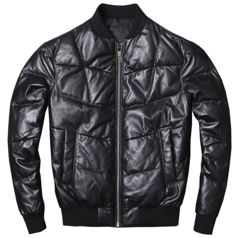 

Winter Mens Warm White Duck Down Coat Slim Fit Business Man Casual Stand Collar Bomber Jackets Sheepskin Genuine Leather Jacket