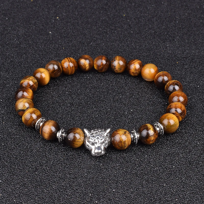 

Silver Color Leopard Head Men Bracelet Natural Healing Energy Tiger Eye Stone Beads Bracelets Women Jewelry Friendship Pulseras