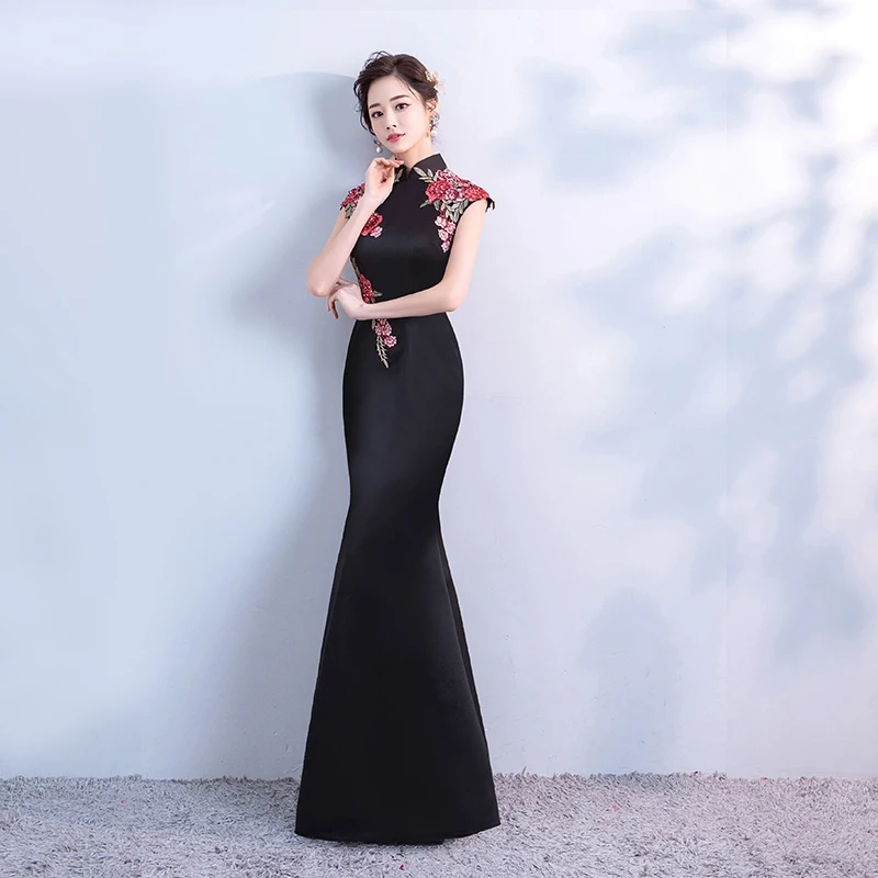 Белый женский Русалка без рукавов Длинные вечерние платья Cheongsam воротник стойка