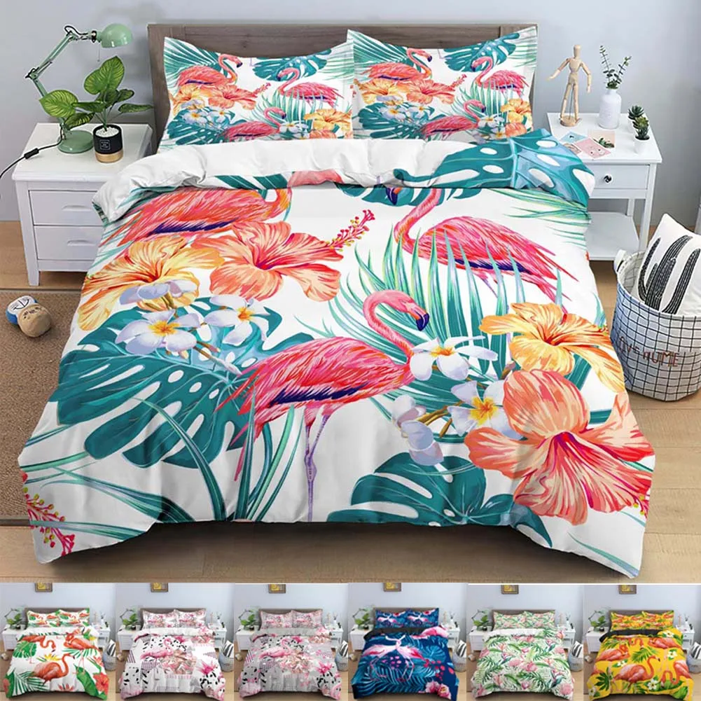

2/3 шт., Комплект постельного белья с принтом листьев и фламинго