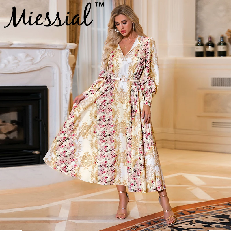 Miessial цветочный принт v образный вырез Ретро стиль длинное платье женское длинный