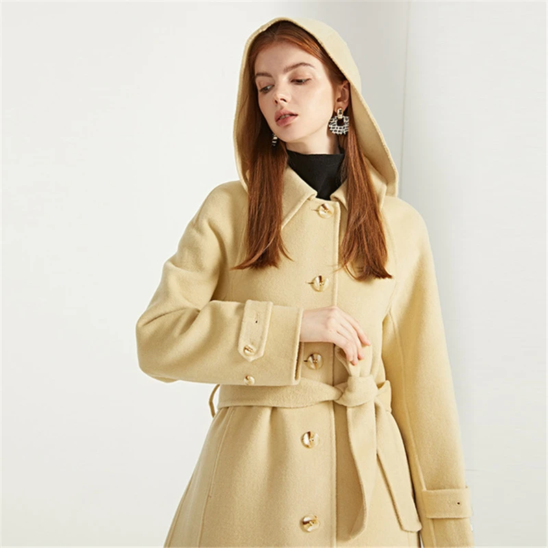 

Women's Sweet Hooded 100% Wool Woolen Coat Lapel Single-Breasted Lace-Up Knee-Length Mid-Length Double-Sided Jacket New Winter