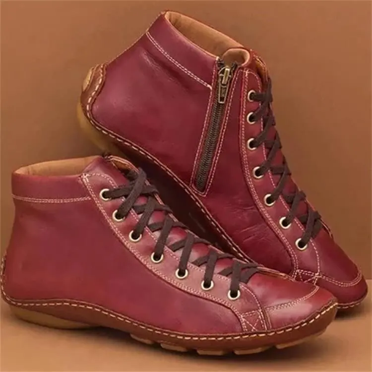 

2021 Spring Winter New Women's Casual Flat Leather Retro Boots Side Zipper Round Toe Shoes Boots Comfortable Shoes Women