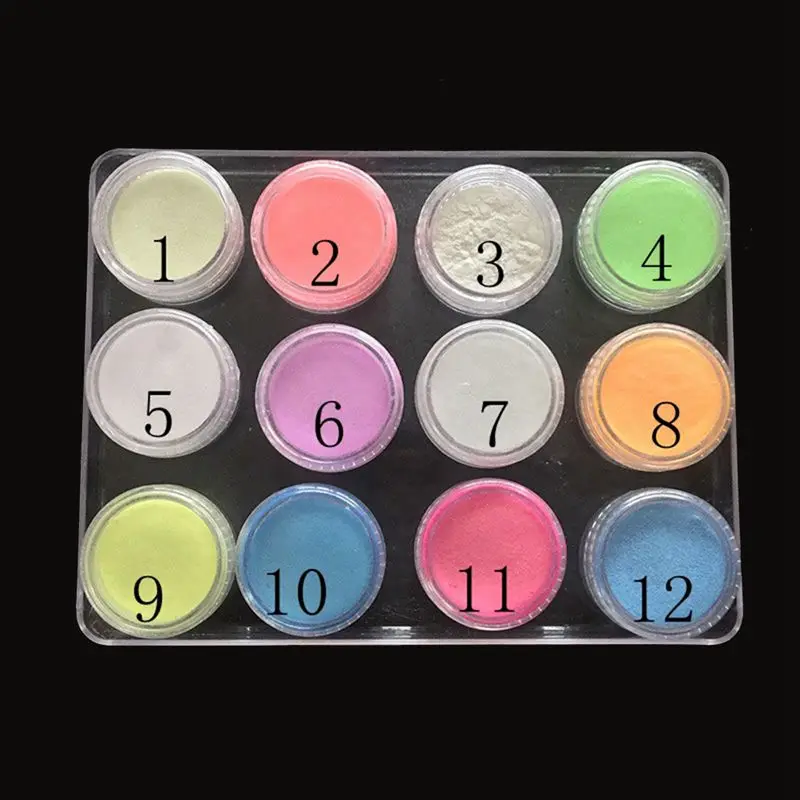 12 коробок/набор Неон фосфор порошок для ногтей Блестящий цветов пыль светящийся