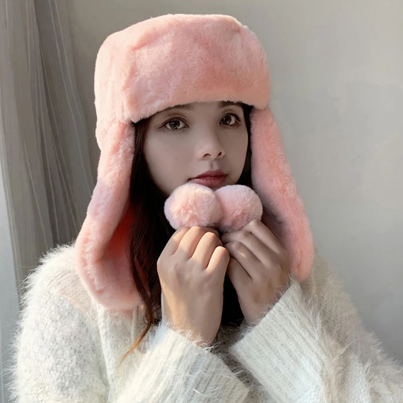 

Winter Men Women Thickened Plush Hat Ski Cap Bomber Hats Cute Outdoor Thermal Warm Snow Ski Windproof Trapper Hat