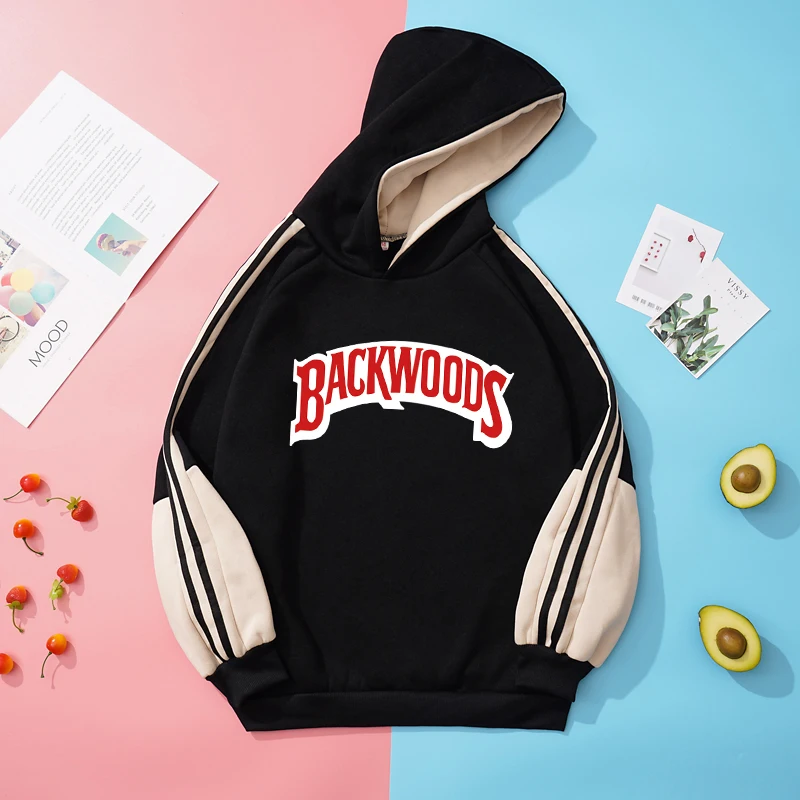 

New Harajuku Hoodie Loose Casual Spell Color Spliced Fleece Sweatshirt Women Funny Backwoods Letter Print Unisex Couples Clothes