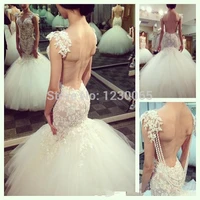 hot sale 2016 sexy see through v neck mermaid wedding dresses pearls tulle applique backless bridal gowns vestidos de noiva
