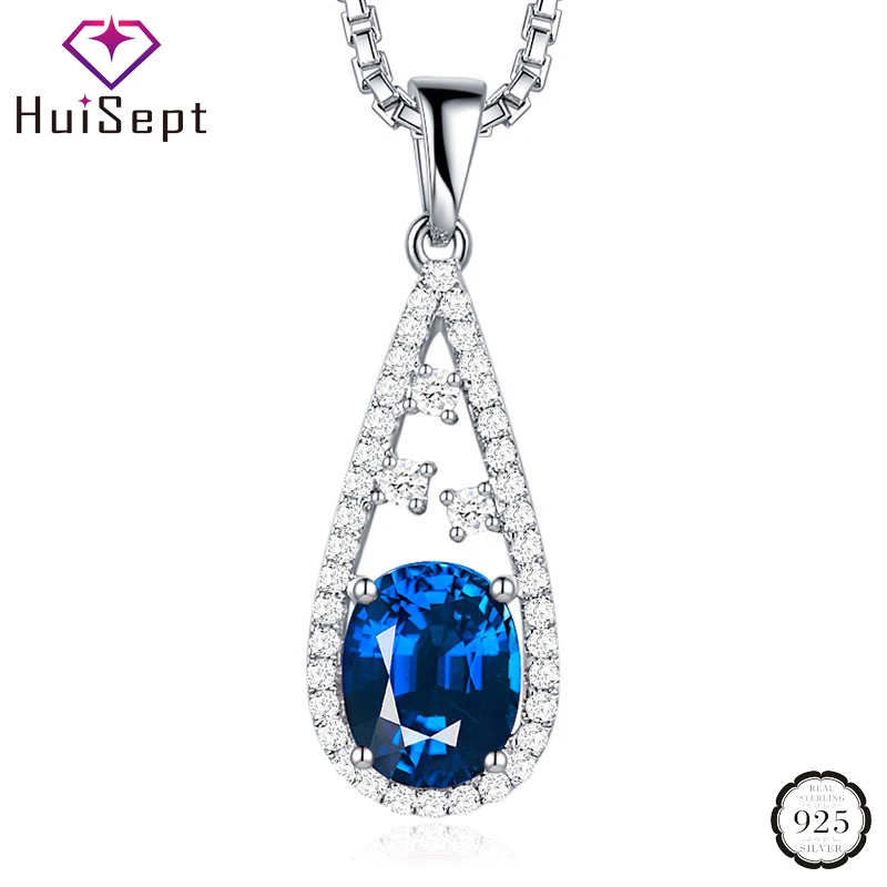 

HuiSept Elegant Necklace 925 Silver Jewelry Oval Sapphire Zircon Gemstone Water Drop Shape Pendant for Women Wedding Party Gift