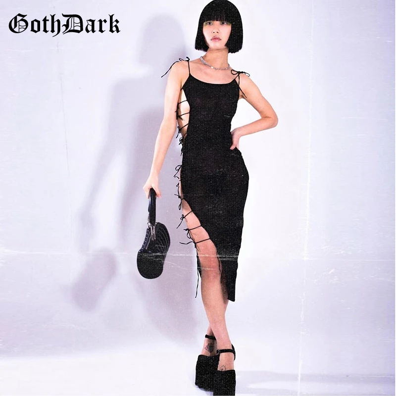 

Goth Dark Y2k Gothic Sexy Mesh Midi Dresses EGirl Cyber Bandage Grunge Punk Partywear Transprent Patchwork Summer Clubwear Dress