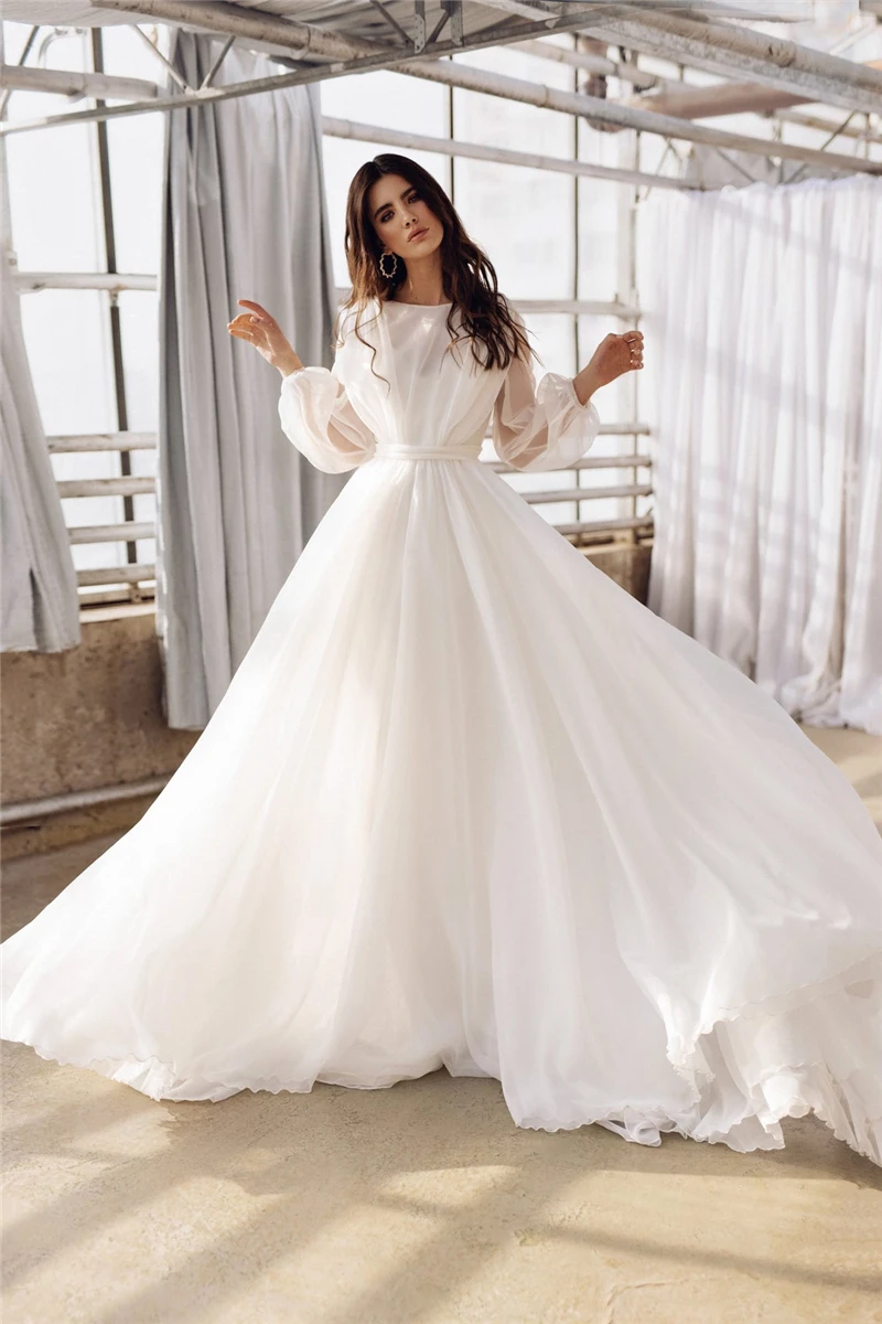 

vestido de noiva Bohemian Long Sleeves Wedding Dresses Organza robe de mariée Sweep Train Backless Princess Bridal Party Gowns