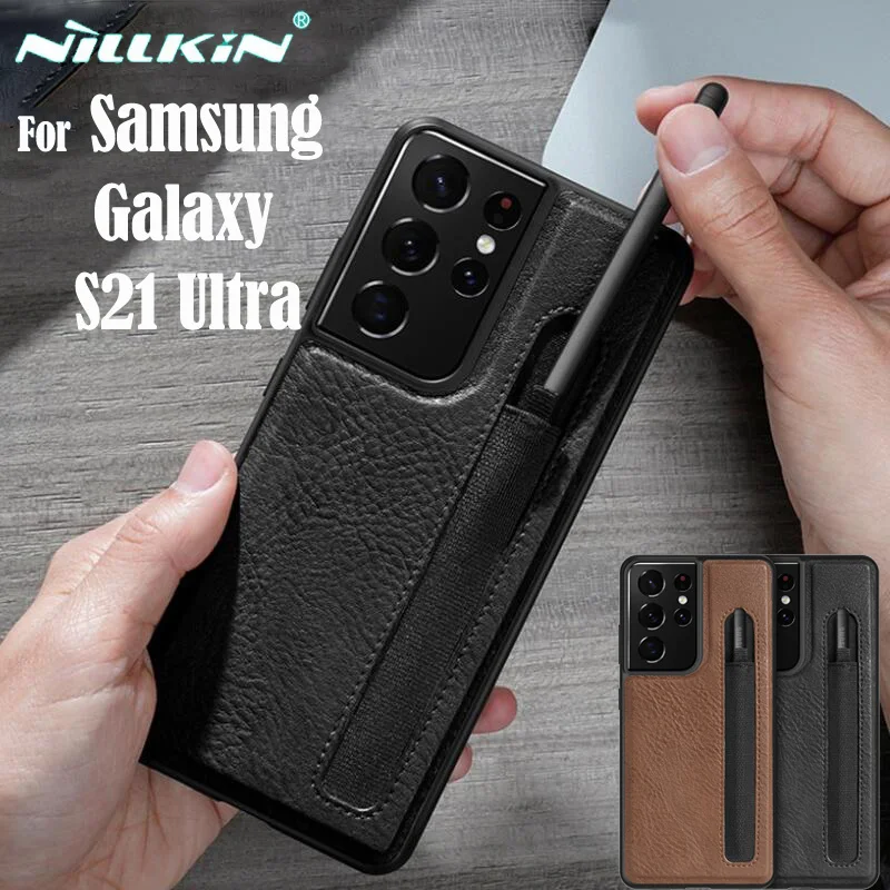 

2022 New For Samsung Galaxy S21 Ultra Cases Nillkin Aoge Leather Case Luxuly Texture With Pen Slot Phone Back Cover For Samsung