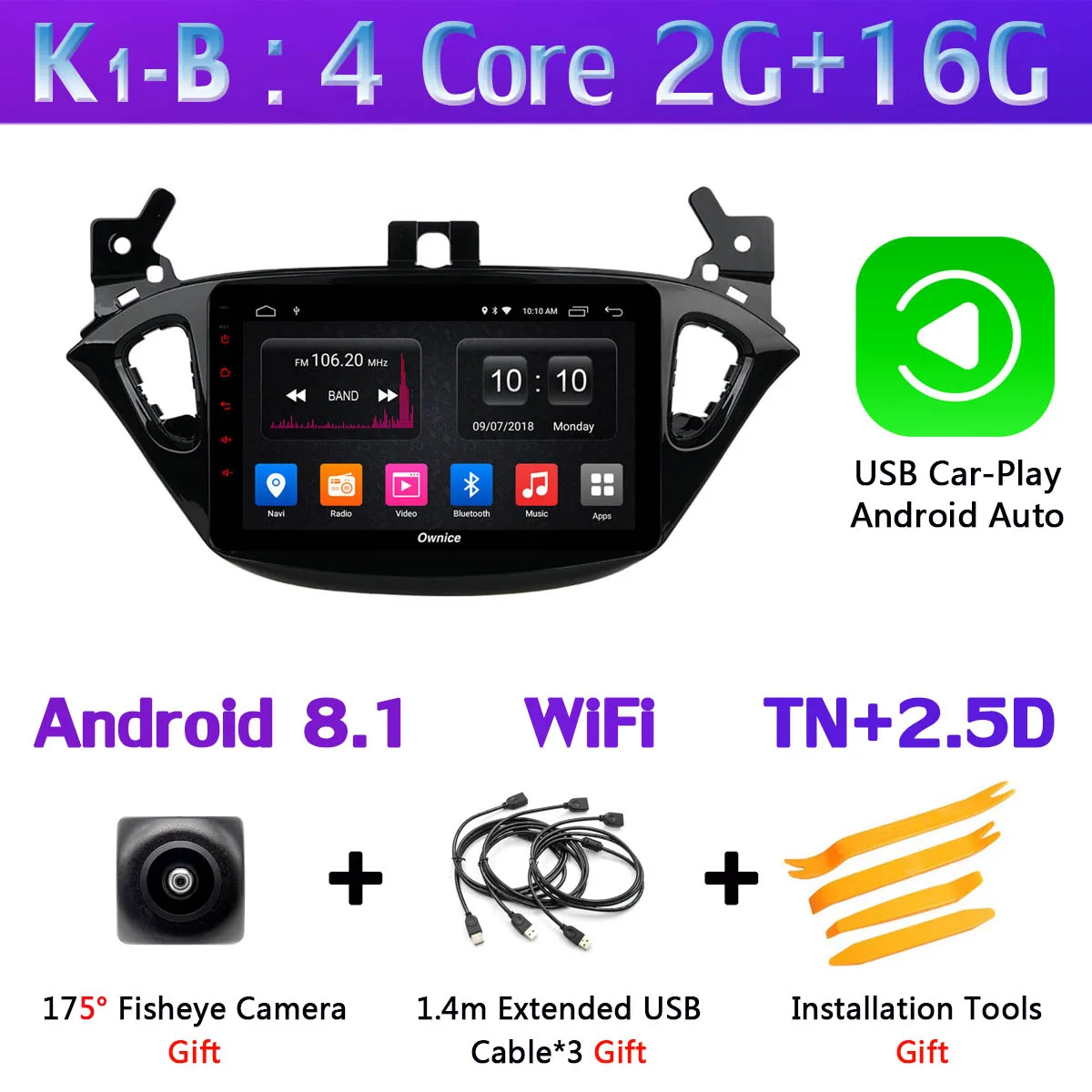 K1-B-CarPlay 1Din 360 ° 4 × камера 4G LTE Android 9,0 4G+ 64G gps радио CarPlay SPDIF DSP Автомобильный мультимедийный плеер для Opel Vauxhal Corsa E - Цвет: K1-B-CarPlay