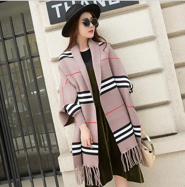 Модный женский вязаный кардиган весна осень stripeMid длинные кисточки свитер-накидка пальто шаль s300 - Цвет: Хаки