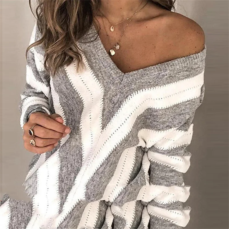 

Sweater 2021 new striped stitching knit sweater women V-neck pullover cross-border sexy sweater women