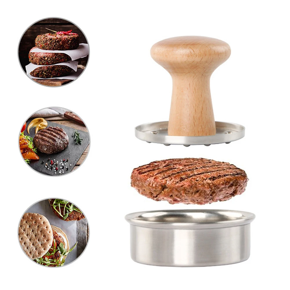 

Round Shape Stainless Steel Hamburger Meat Press with Wooden Handle Patty Maker Mold Kitchen Accessories Burger Mold for Cutlets