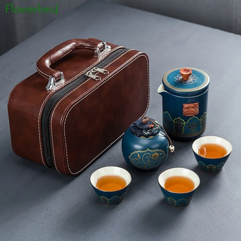 

Ceramic Porcelain Kung Fu Tea Set Teaware Outdoor Travel Tea Set Tea Bag Anti-scalding One Pot Three Cups Teapot with Filter