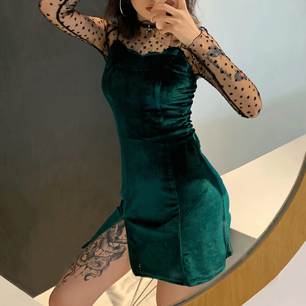 Зеленое бархатное платье Харадзюку женское на бретельках с открытой спиной и