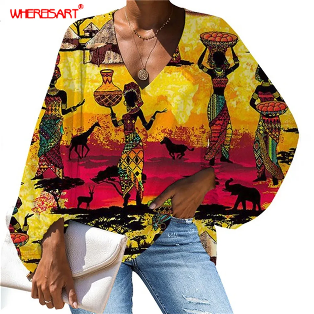 

WHEREISART африканские племени черные женские плюс размер v-образным вырезом шифоновые блузки для женщин рукав-фонарик свободные мягкие топы и р...