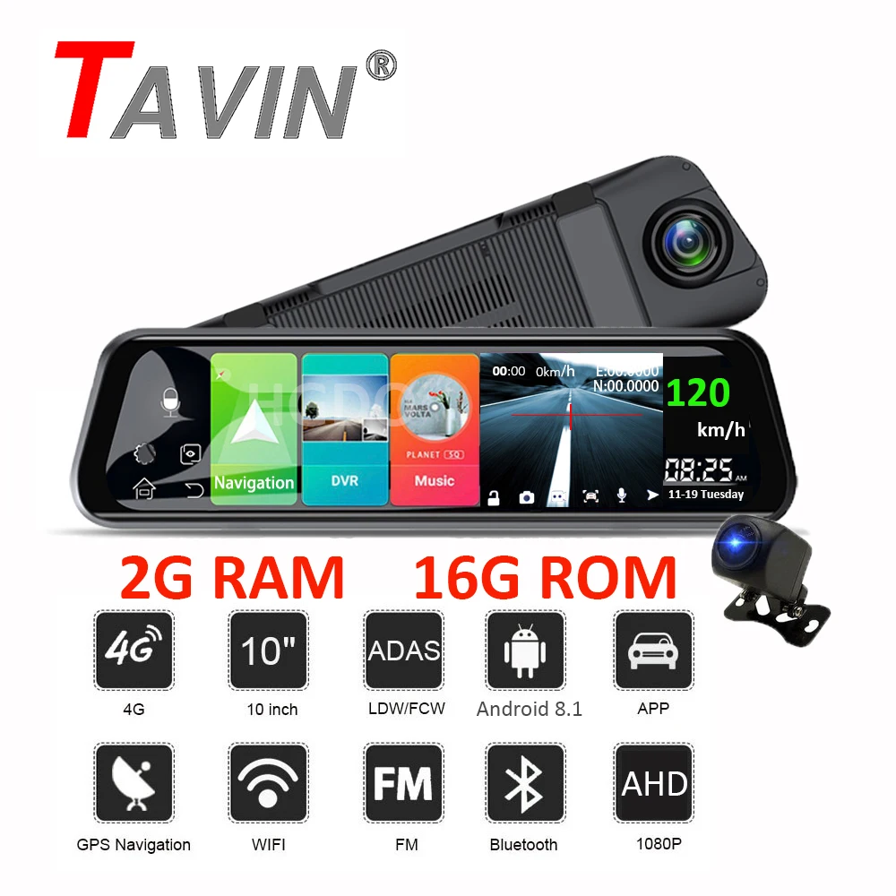 Тавин Android 8,1 зеркало заднего вида dvr 4g видеорегистратор ADAS gps Автомобильные видеорегистраторы Full HD 1080P 10 дюймов сенсорный экран двойной объектив видео рекордер