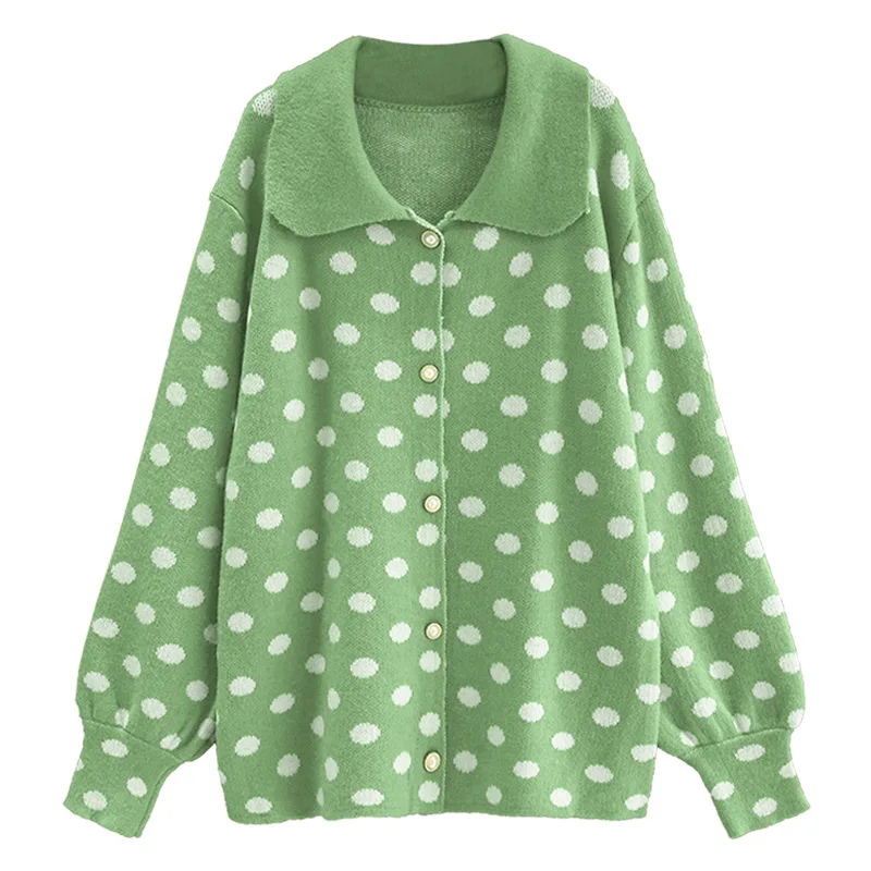Sweater Coat Female 2020 New Korean Version Wild Spring Autumn Polo Collar Dot Medium Long Knit Cardiga Women SW1442 |
