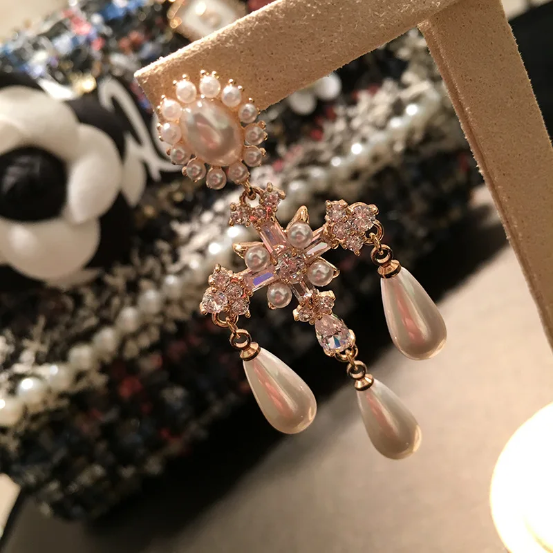 

Baroque retro temperament love cross Pearl pendant long earrings earrings female cross tassel earrings