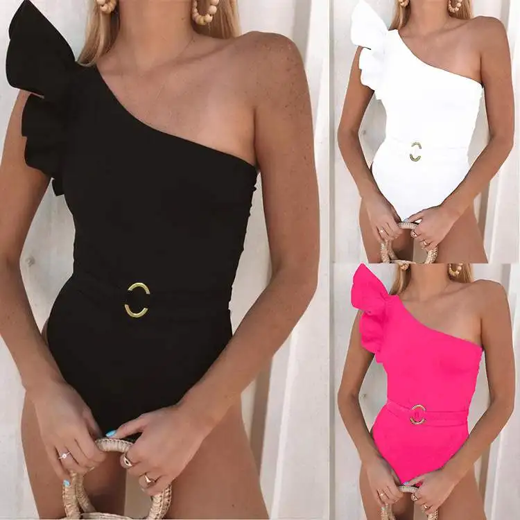 2020 Sexy Shoulder Ruffle One Piece Swimsuit Women Swimwear Female Halter Bathing Suits Beach Wear Backless Monokini Swim | Спорт и