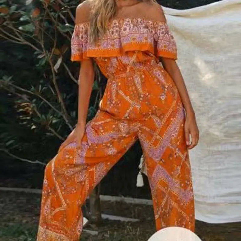 Женский пляжный комбинезон Boho Свободный с открытыми плечами и цветочным принтом