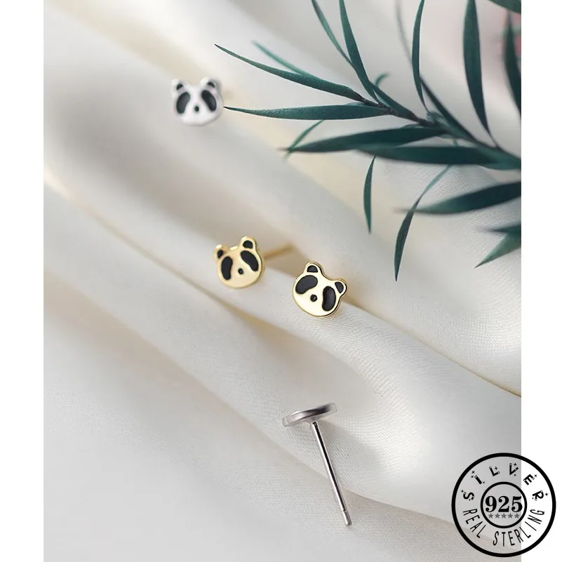 

925 Sterling Silver Small Panda Shape Earings Gold Color Plated Cute Ear Studs Jewelry Earrings for Women Girls