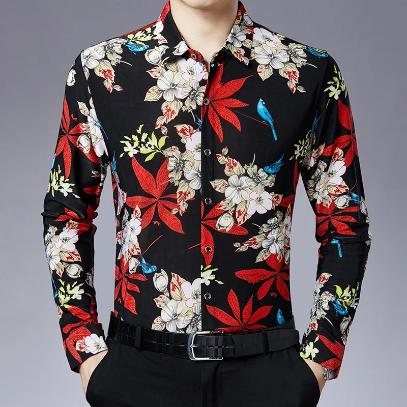 

Floral Print Long Sleeve Men Shirts Casual Maple Flower Mens Shirt Soft Men Work Business Brand Shirt Chemise Homme Camisas