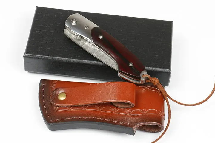 

Free Wolf FW07 Wood Handle Damascus Blade Utility Sharp Outdoor Camping Hunting Fishing EDC Pocket Folding Knife